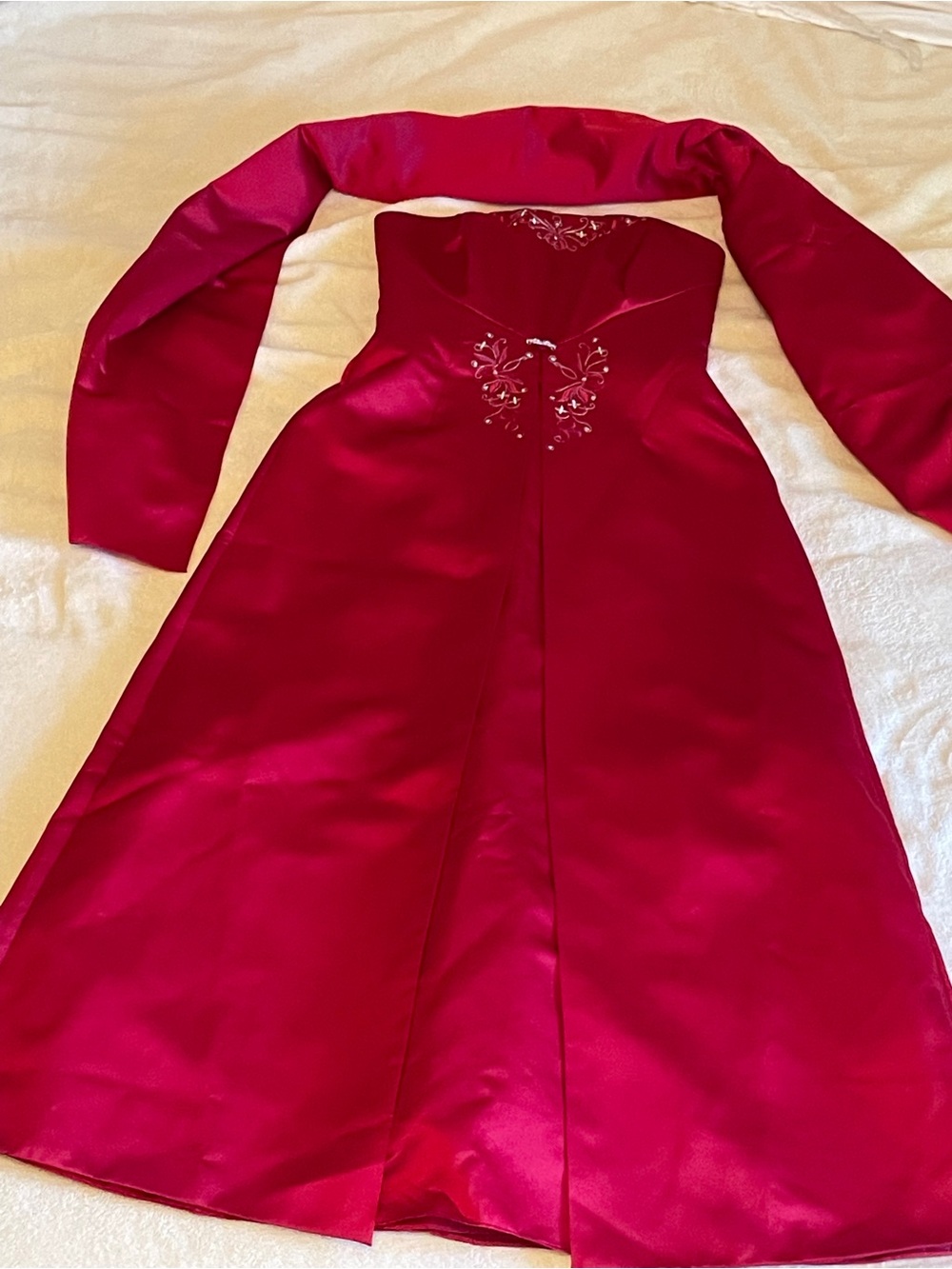 Michaelangelo Strapless Red Satin Prom Dress with Shawl